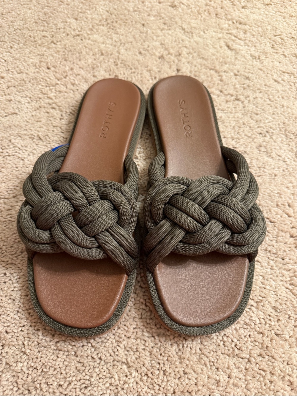 Rothy's Olive Braided Knot Slide Sandals with Brown Footbed